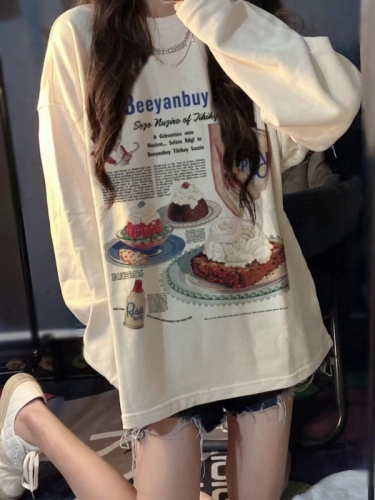 Pure cotton personalized printed long-sleeved T-shirt for women, white contrasting color, simple inner layer, high-end bottoming top