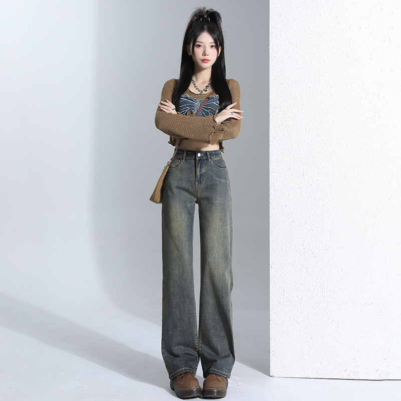 Cement yellow straight jeans for women spring and autumn new narrow wide leg pants high waist slim cigarette pants