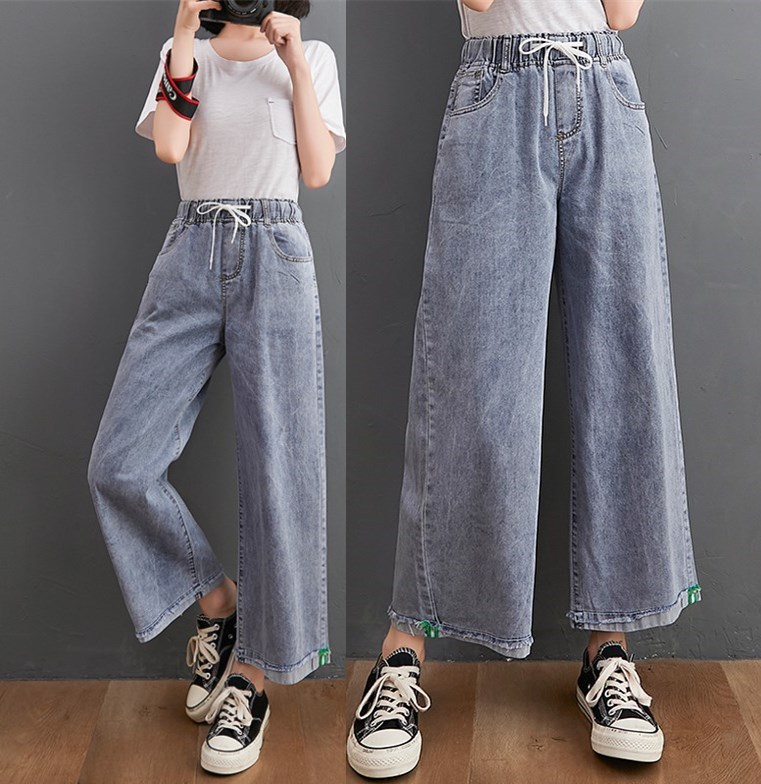 Plus size women's clothing for fat mm, loose and slim denim, versatile nine-point wide-leg pants