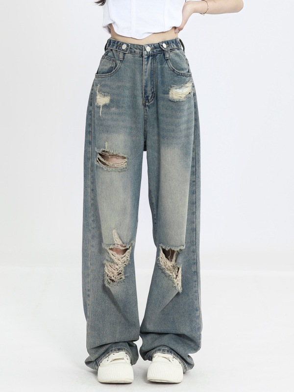 American retro ripped jeans for women, high-waisted, straight-leg, loose, slim design, high-street vibe wide-leg floor mopping pants