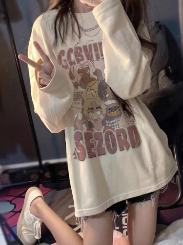 Pure cotton personalized printed long-sleeved T-shirt for women, white contrasting color, simple inner layer, high-end bottoming top