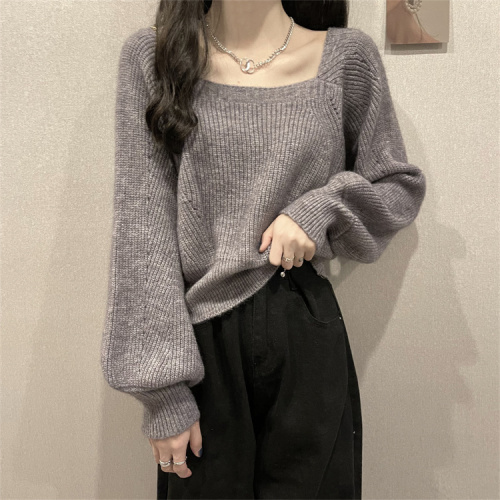 French retro puff sleeve leaking clavicle square neck bottoming shirt for women street knitted sweater for outer wear