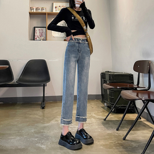 Narrow straight jeans for fat girls plus size high waist slim cigarette pants raw edge pants