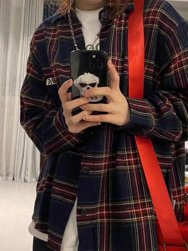 40 cotton 60 polyester American retro striped plaid shirt jacket women ins trendy loose top