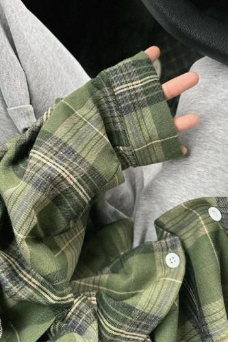 New American Retro Green Plaid Shirt Jacket Women's Early Autumn Lazy Style Shirt Thin Long Sleeve Top