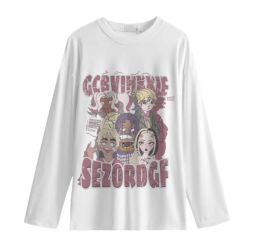 Pure cotton personalized printed long-sleeved T-shirt for women, white contrasting color, simple inner layer, high-end bottoming top