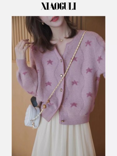 Wool sweater for women 2024 spring Korean style puff sleeve loose slimming cardigan short long sleeve top