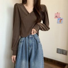 Ribbed autumn and winter new V-neck irregular puff long-sleeved T-shirt bottoming shirt for women