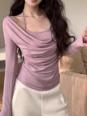 Fake two-piece halter neck knitted T-shirt women's new pure lust style short bottoming shirt with inner top