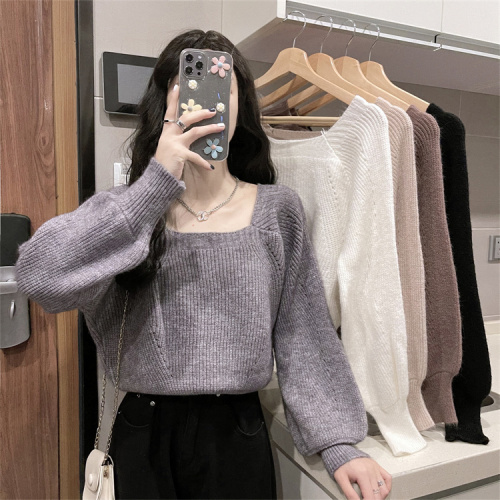 French retro puff sleeve leaking clavicle square neck bottoming shirt for women street knitted sweater for outer wear
