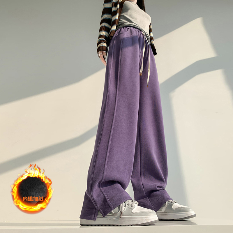 Large size plus velvet side slit wide leg pants for fat mm women winter new high waist drape thickened casual pants