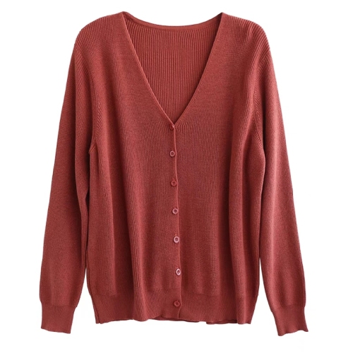 Single-breasted solid color long-sleeved cotton sweater for women early autumn new loose slimming V-neck sweater