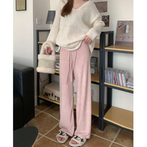 Soft waxy drawstring straight casual pants for women autumn and winter new pink high waist thickened wide leg pants floor mopping trousers