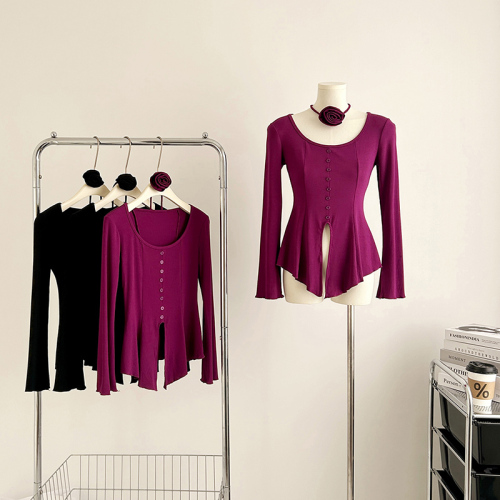 Slightly fat U-neck lace-up decorated with flowers waist-cinching curved fishtail top waist-slimming bottoming shirt top for women in early autumn