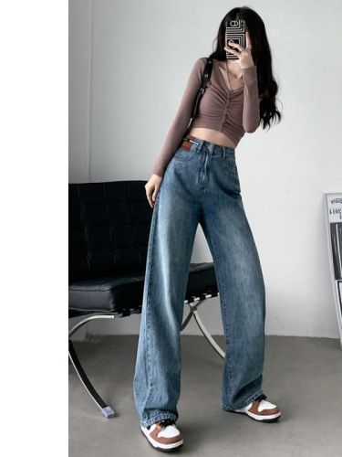 Spot retro wide-leg jeans for women, high-waisted and drapey autumn and winter new models for small people, slim and versatile straight-leg floor mopping pants