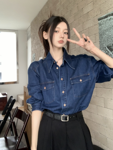 Autumn versatile loose retro classic lapel bottoming denim shirt for women