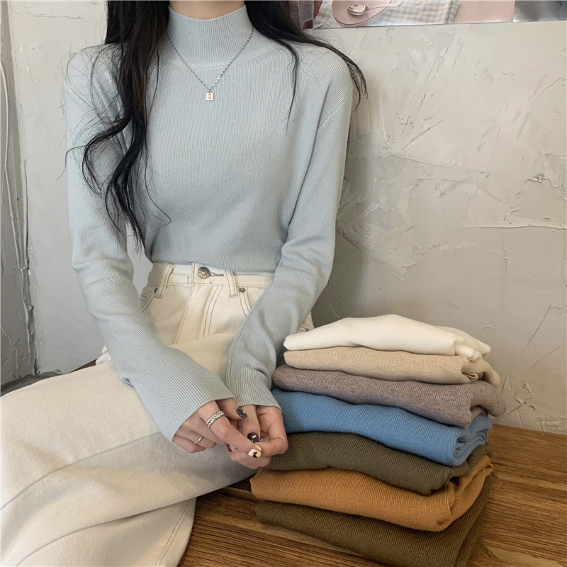 New autumn and winter simple slimming stretch half turtleneck long-sleeved knitted sweater base layer