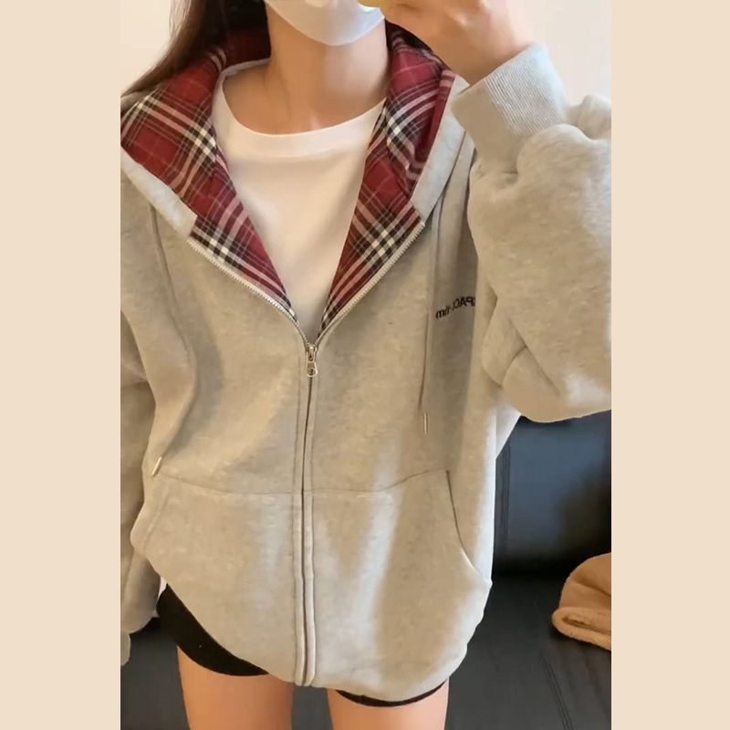 American retro loose gray hooded oversize sweatshirt women's spring and autumn new long-sleeved cardigan jacket top