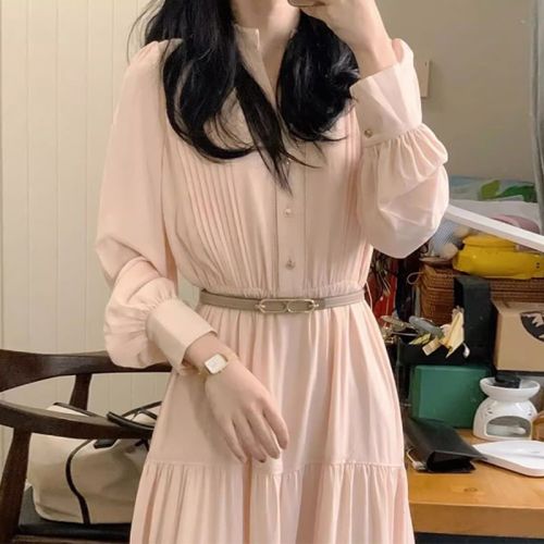 Gentle pink long-sleeved shirt dress for women, new autumn and winter high-end French waist long skirt