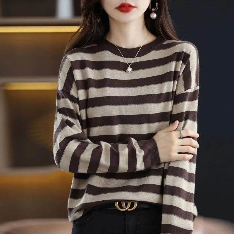 Autumn and winter bottoming sweater women's round neck pullover striped sweater loose slim sweater outer wear versatile new trend