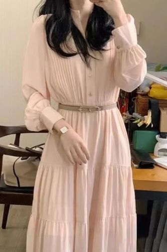 Gentle pink long-sleeved shirt dress for women, new autumn and winter high-end French waist long skirt