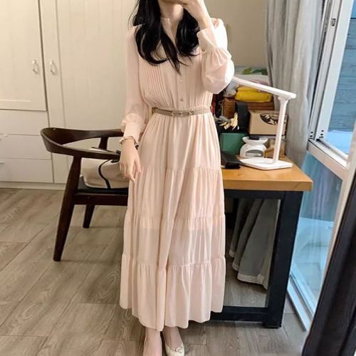 Gentle pink long-sleeved shirt dress for women, new autumn and winter high-end French waist long skirt