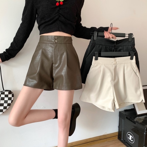 New high-waisted, slim, fashionable and versatile pu leather wide-leg shorts and boot pants