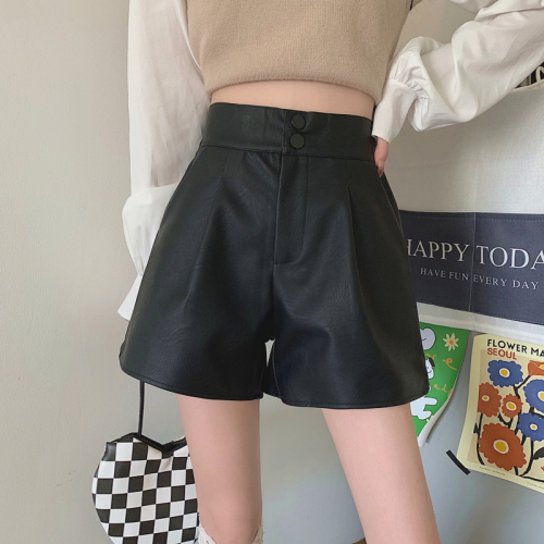 New high-waisted, slim, fashionable and versatile pu leather wide-leg shorts and boot pants