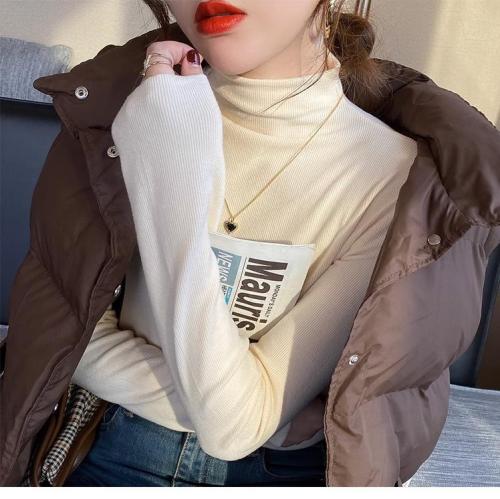 Cationic bottoming shirt for women, autumn and winter half turtleneck new style plus velvet T-shirt, fashionable and versatile brushed top