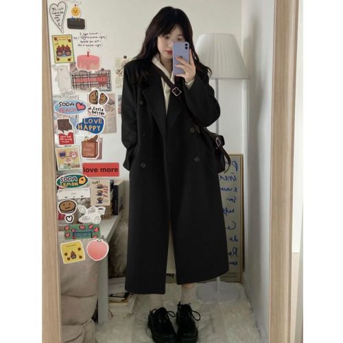 Black woolen coat for women, Hepburn style woolen coat, high-end, small, long, autumn and winter new hot style