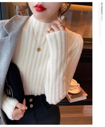 Soft and gentle sweater for women in autumn and winter new mink velvet knitted half-high collar with velvet thickened bottoming shirt