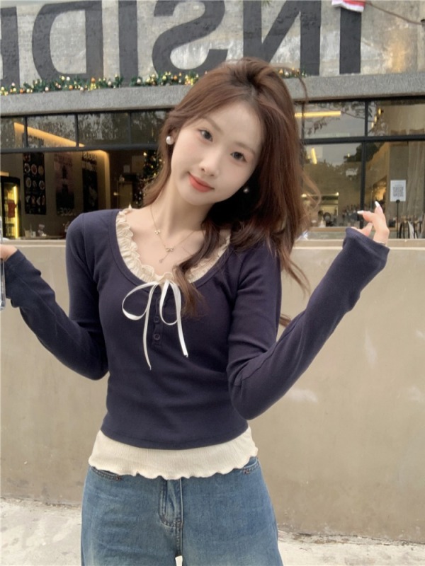 Fake two-piece T-shirt with chest pads, ear-rimmed design, slim-fitting pure lust bottoming top