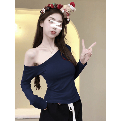 Oblique shoulder hot girl long-sleeved T-shirt ins asymmetrical slimming off-shoulder top