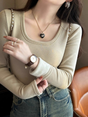 German velvet composite super soft one-piece velvet thickened pinch waist bottoming shirt for women autumn and winter plus velvet U-neck long-sleeved T-shirt