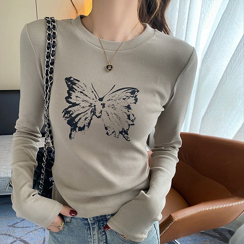 Korean chic design American retro printed T-shirt for women spring and autumn new long-sleeved slim bottoming shirt trendy tops