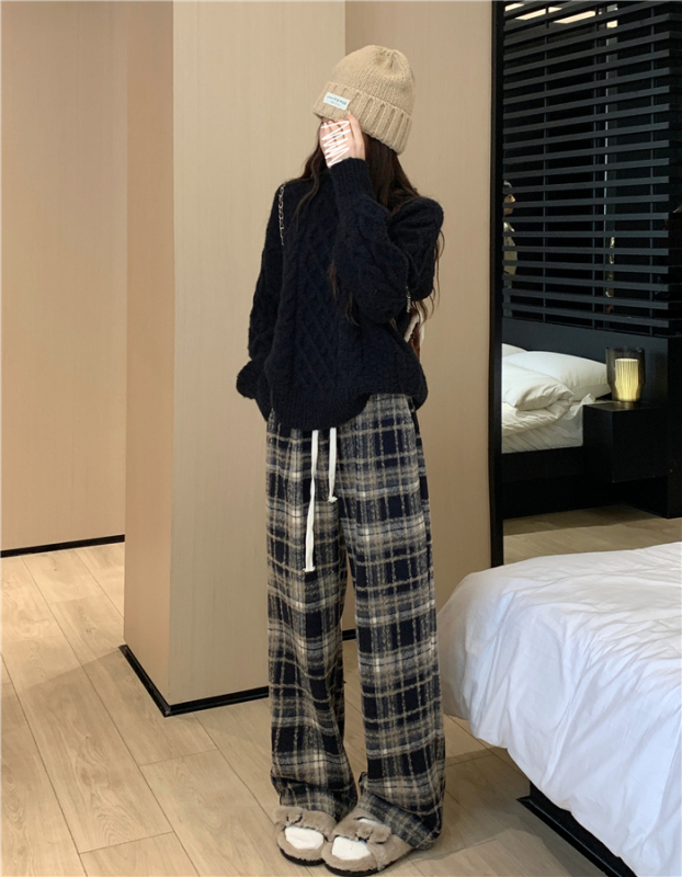 Plaid casual pants plus size women's autumn and winter high-waist drawstring straight pants retro loose wide-leg floor mopping