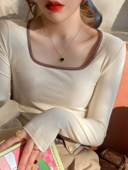French square collar 2*2 ribbed cotton color block long sleeve bottoming shirt women's top clavicle T-shirt suit with modal