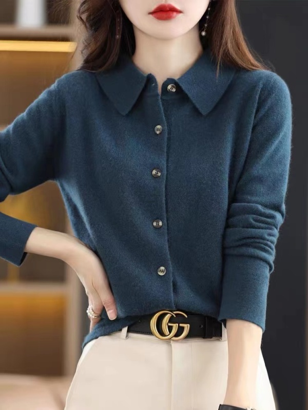 Spring and Autumn POLO collar knitted shirt, loose long-sleeved sweater, non-cashmere cardigan, temperament lapel jacket as base layer