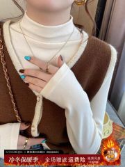 White bottoming shirt for women, new slim-fitting half-high collar warm plus velvet thickened autumn and winter mid-collar top