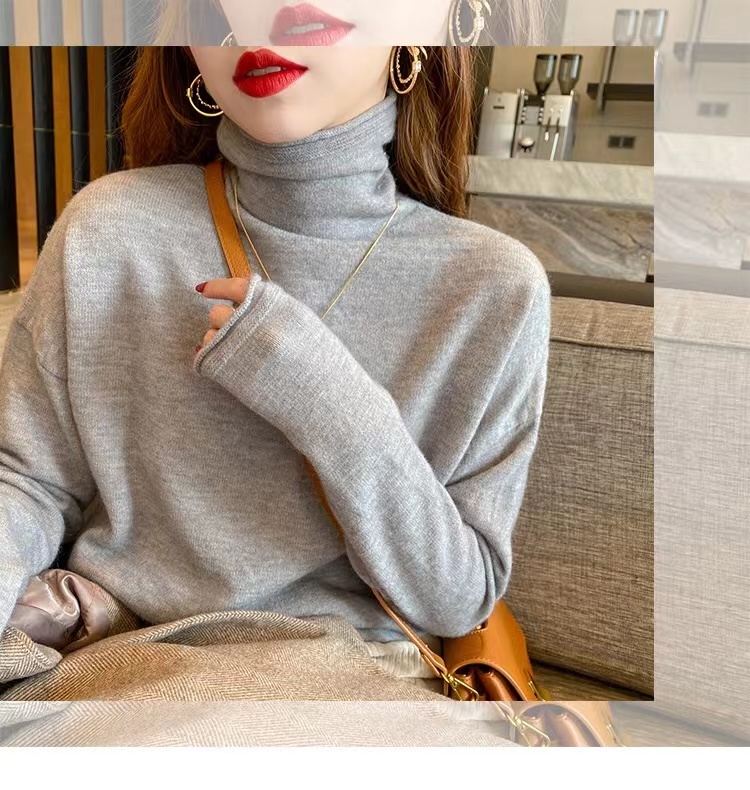 Popular turtleneck sweater, pile collar, thickened inner wear, stylish knitted sweater for women