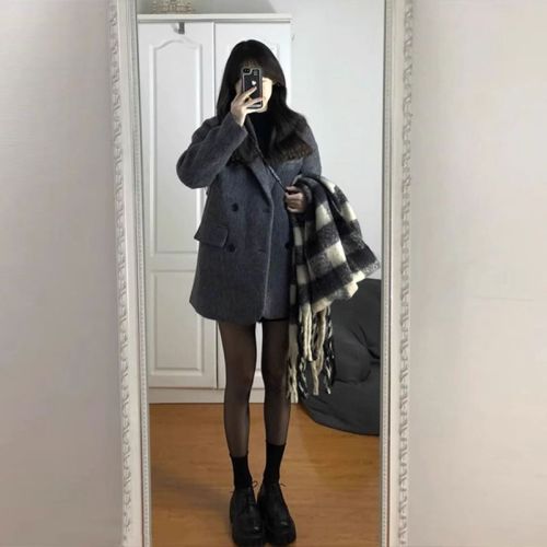 New autumn and winter women's clothing small gray woolen suit thick coat high-end Korean woolen coat