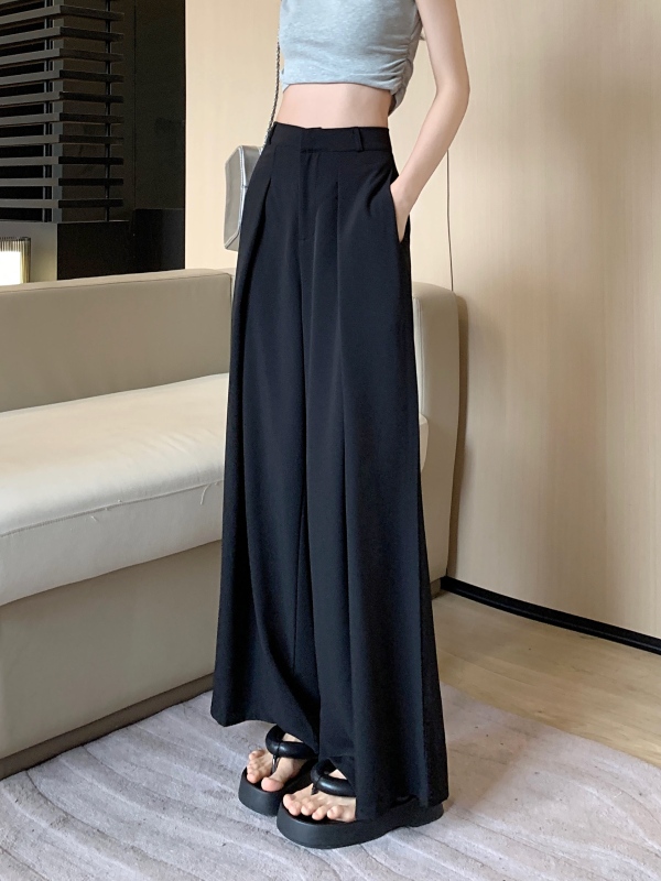 Temperament, high-end, loose and drapey black wide-leg trousers, high-waisted floor-length casual trousers for women