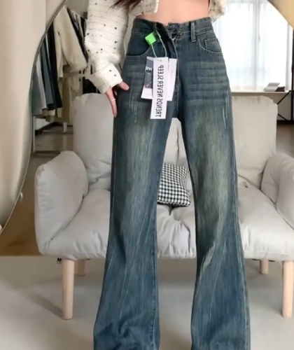 Retro micro-flared wide-leg jeans for women 2024 new high-waist slimming non-leg flared pants