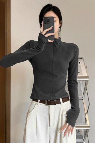 New autumn and winter half-high collar inner bottoming shirt for small people German velvet long-sleeved T-shirt women's slim short top