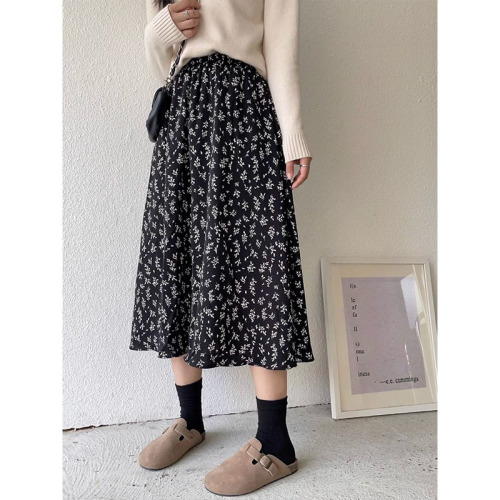 Korean Gentle Style New A-line Skirt Slimming Versatile Floral Skirt for Women