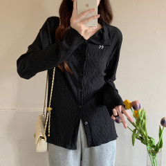 Large size embroidery design, niche pleated slim long-sleeved shirt, western style versatile Hong Kong style cardigan top