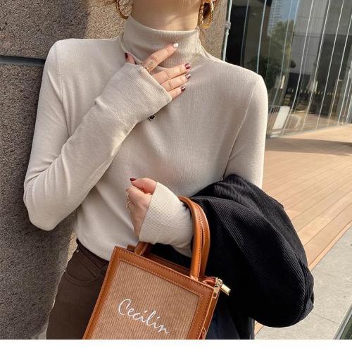 Cationic bottoming shirt for women, autumn and winter half turtleneck new style plus velvet T-shirt, fashionable and versatile brushed top