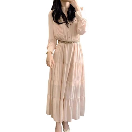 Gentle pink long-sleeved shirt dress for women, new autumn and winter high-end French waist long skirt