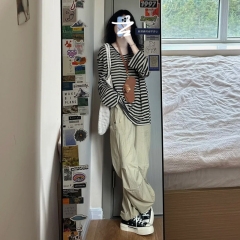 American retro striped early autumn long-sleeved sun protection blouse T-shirt for women 2024 new summer lazy style casual top