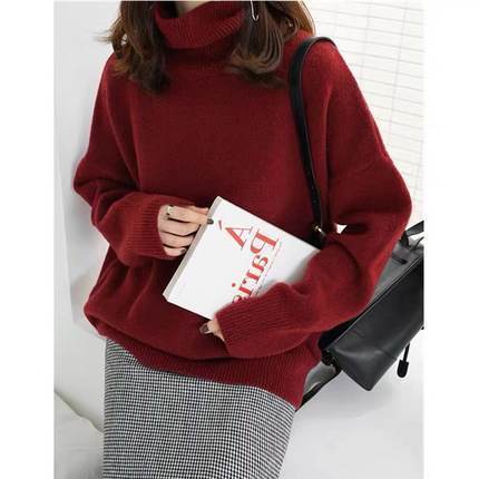 Heavyweight European and American turtleneck pure cashmere sweater for women thickened sweater loose pullover lazy style knitted large size bottoming shirt